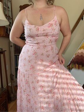Pink Floral Tiered Ruffle Midi Sundress Cottagecore Prairie Coquette Size Large